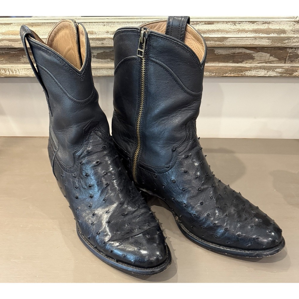 Tecovas The Dean Ostrich Boots Mens 10.5 EE Black Full Quill Leather Zip Western